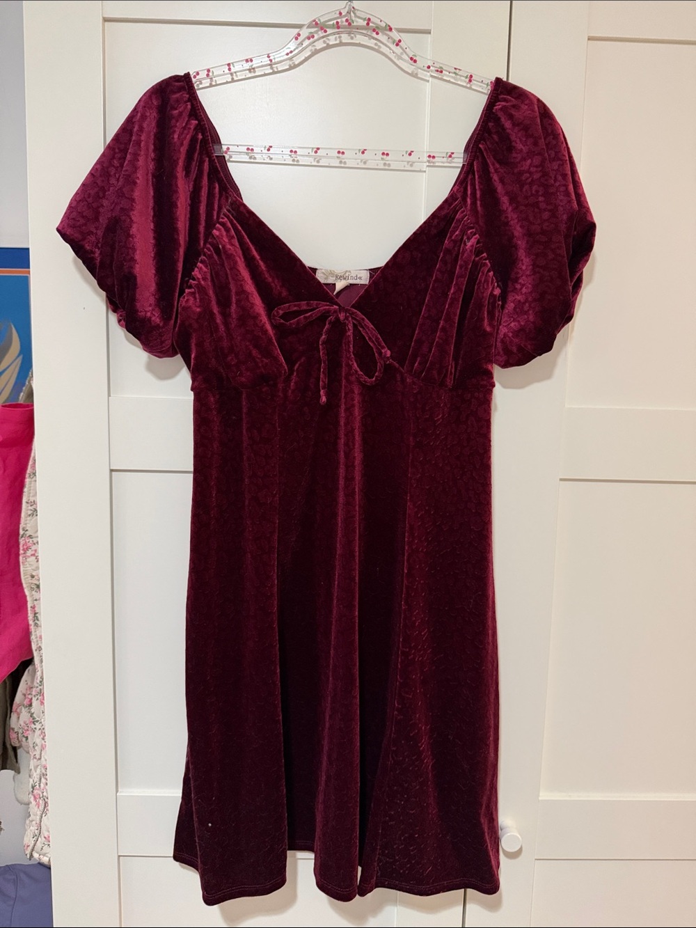 Rewind Wine Velvet Puff Sleeve Mini Dress with Tie Front